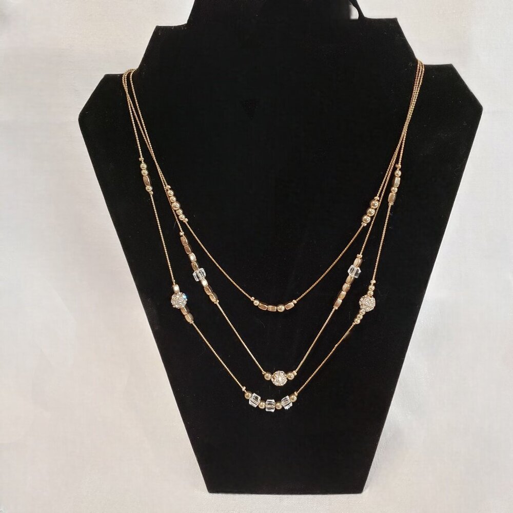 Chico's Gold Tone Layered Necklace with Clear Beads - 3 Strand Statement Jewelry